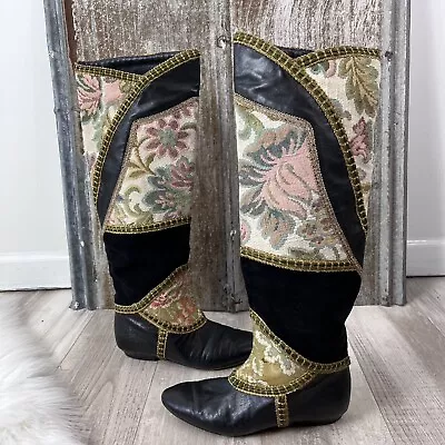 VINTAGE Raffaele Giardini 80's Leather Suede Tapestry Tall Boots Size 6 • $236.05