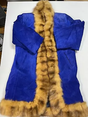 Vintage High-end Mario Borsato Blue Suede W/ Golden Sable Coat Fur Trim Coat • £240.94