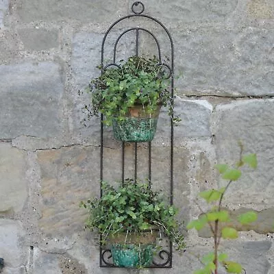 Wall Mounted Double Plant Pot Holder | Brown Distressed Metal Planter Outdoors • £17.99