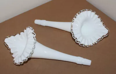 2 Vintage Fenton Ruffled Silvercrest Flared White Milk Glass Epergne Horns 10  • $35