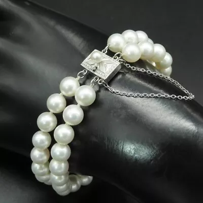 Mikimoto 18k White Gold 7mm Pearl Double 2 Strand Bracelet Bangle 7.1in • $1877