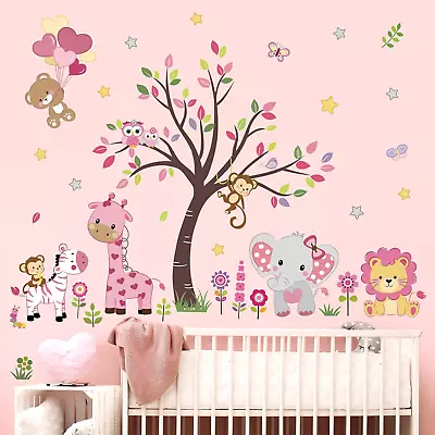 Decalmile Pink Animal Tree Wall Decals Forest Lion Elephant Monkey Wall Stickers • $19.37