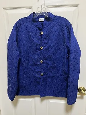 Chico’s Women’s 3 (14-16) Blue Textured Crinkled Jacket Button Mandarin Collar • $30