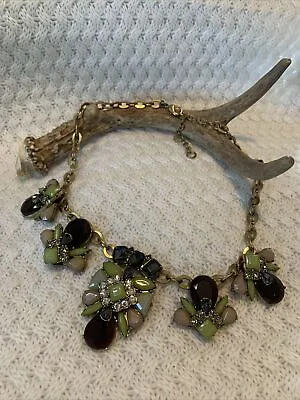 Vintage Designer J.Crew Olive Green And Black Rhinestone Gold Tone Bib Necklace • $8.95