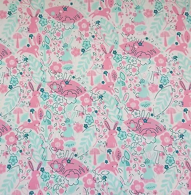 Rabbits Pink/Green 100% Cotton Poplin Dress Bunting Craft Novelty Mask Fabric • £5.99