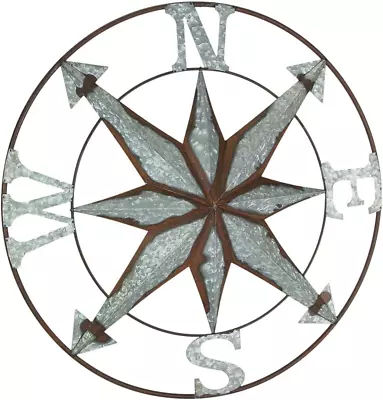 Distressed Galvanized Grey Finish Nautical Compass Rose Metal Wall Hanging Coast • £54.93