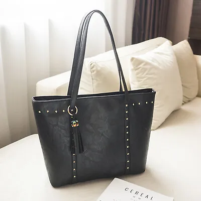 Women Tote Bag Faux Leather Large Designer Shopper Work Shoulder Handbag Black • £11.99