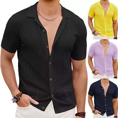 Mens Textured Knitted Short Sleeve Cotton Polo Shirt Jumper Casual Buttoned Top • £15.69
