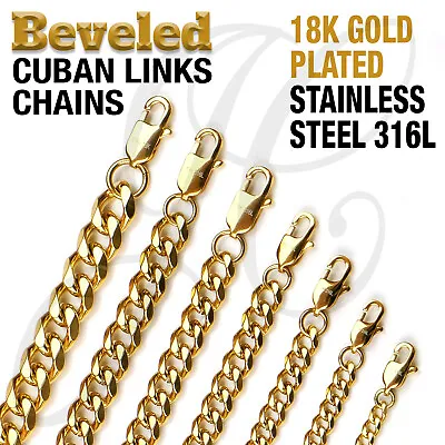 18K Gold Plated Beveled Cuban Link Stainless Steel 316L Chain Necklace 14 -48  • $15