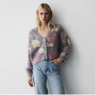 Zara Jacquard Oversized Floral Knit Cropped Multicolored Cardigan Sz M • $33.77