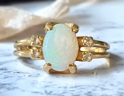 GORGEOUS Vintage 14K Yellow Gold Oval Opal And Diamond Ring Size 4 • $499.99