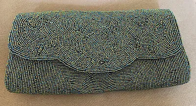 BEADED Clutch Purse Micro Glass Seed Beads Iridescent Embellished Black Green • $15.11