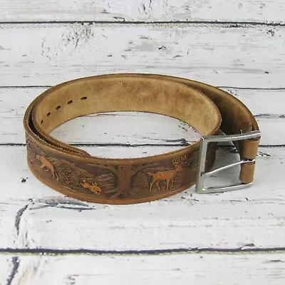 Vintage Chambers Wilderness Tooled Leather Belt Size 38 Hunting Deer Duck Rabbit • $22.95