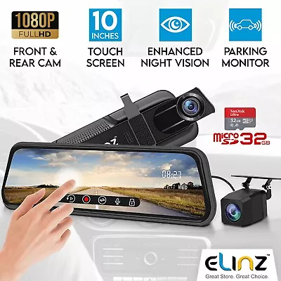 10  Rearview Mirror 1080P Touch Screen Car Dual Dash Cam Reversing Camera 32GB • $179.95