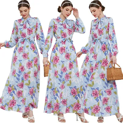 $46.08 • Buy Muslim Women Spring Floral Kaftan Long Sleeve Maxi Dress Dubai Abaya Jilbab Gown