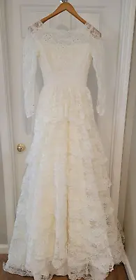 Bridal Originals Vintage 1970's Tiered Lace Wedding Dress Full Train And Bustle • $141.55