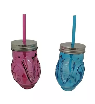 Toucan Shaped Mason Jar Drinking Glass Cup With Straw Set Of 2 Hot Pink & Blue • $11.95