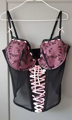 NEW Lace Evie Black Pink Basque CORSET Size 38D Floral Cups And Ribbon Tie Front • £13.99