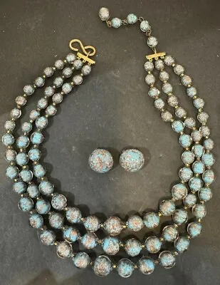 Vintage Venetian Glass Blue/Gold Multi Strand Necklace And Earrings • $85