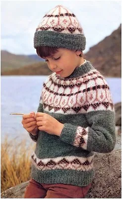 Child’s Aran Weight Yarn Nordic Fair Isle Sweater And Hat KNITTING PATTERN 10007 • £3.75