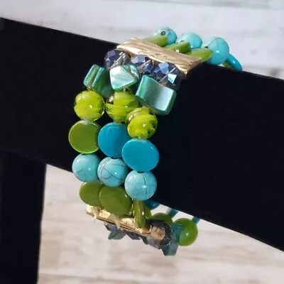 Vintage Stretch Bracelet / Bangle Green Blue Gold Tone Statement • $14.99