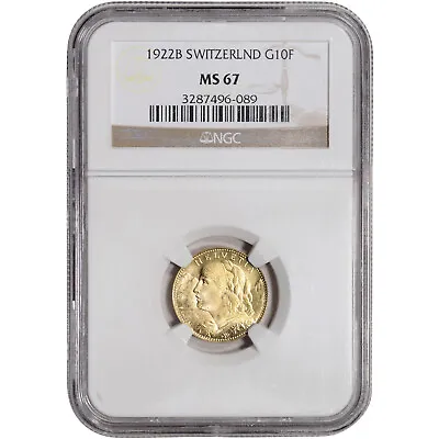 $668.01 • Buy 1922 B Switzerland Gold 10 Francs - NGC MS67