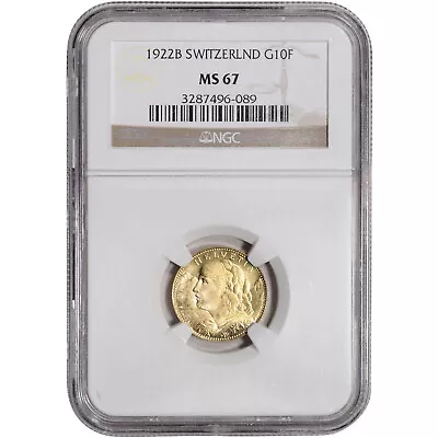 $659.29 • Buy 1922 B Switzerland Gold 10 Francs - NGC MS67