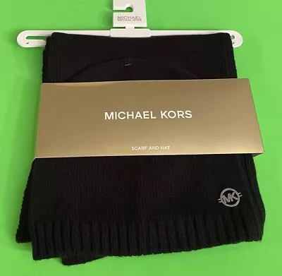 $88 New MICHAEL KORS RIB SCARF HAT BELLYBAND BLACK GIFT SET • $39