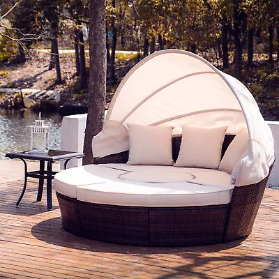 Outdoor Patio & Garden Daybed W Retractable Canopy Water-Resistant Cover Beige • £459.99