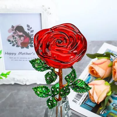 Crystal Rose Glass Red Rose Flower With Green Leaves Crystal Vase For Wedding... • $37.91