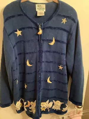 Quacker Factory Sweater Sz 1X Blue Knit Moon Stars Angels Embroidery • $12.90