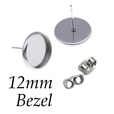 20 X Stainless Steel Earring Blanks Stud Round Tray Cabochon Setting 12mm • £2.95