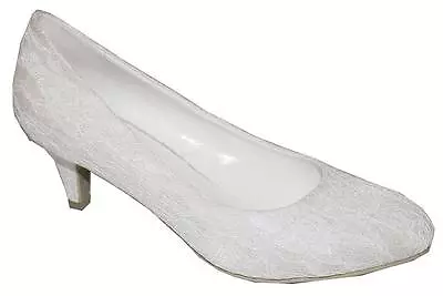 Womens Ladies Ivory Satin & Lace Low Heel Bridal Wedding Shoes Size 3 - 8 Uk • £20.50