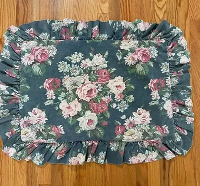 2 Pc RALPH LAUREN-KIMBERLY RUFFLED PILLOW SHAMS-BLUE FLORAL-COTTON CABBAGE ROSE • $50