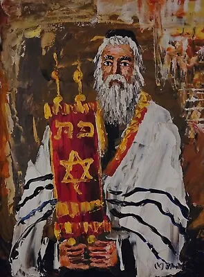 Rare & Vintage 1974 Signed Morris Katz Oil On Board Jewish Rabbi Torah Painting  • $900