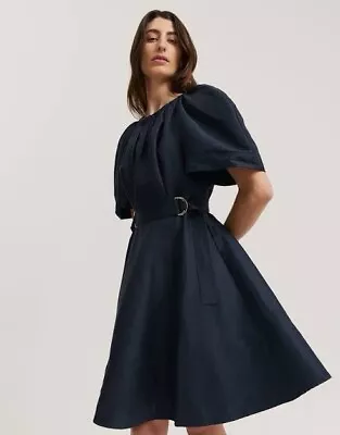 Country Road Gathered Neck Linen Dress Navy Size 12 New Without Tag • $199