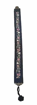 Antique Needlepoint Bell Pull  Blue + Rose Flowers Brass Hardware Vintage 71” • $149.95