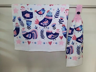 2 Double Thickness Terry Hand Towels Towel Set 1 Button Top Towel Chickens • $18.95