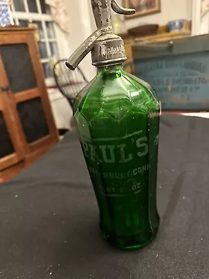 Vintage Emerald Green 10 Sided Seltzer Bottle - Paul's Waterbury Connecticut • $65