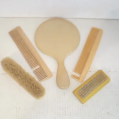 Vintage Celluloid Bakelite 5 Piece Vanity Dresser Set Hand Mirror Brushes Combs • $18.99