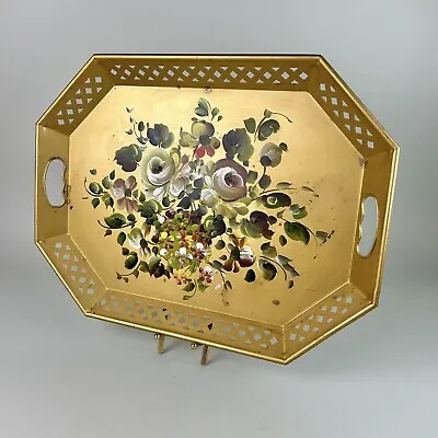 Vintage Nashco Products Hand Painted Floral Metal Tray Gold Octagon Handles NY • $33.25