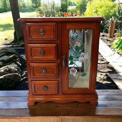 Mele Wooden Jewelry Box Chest Armoire Floral Painted Glass Door Vtg 80s Velvet • $44.99