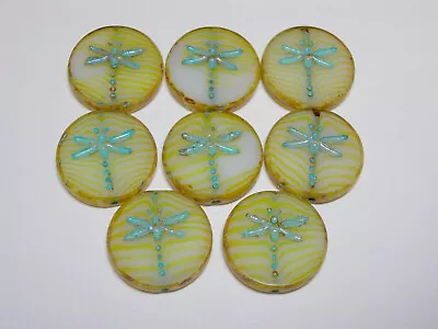 8 17mm Czech Glass Yellow White Picasso Turquoise Finish  Dragonfly Coin Beads • $8.99