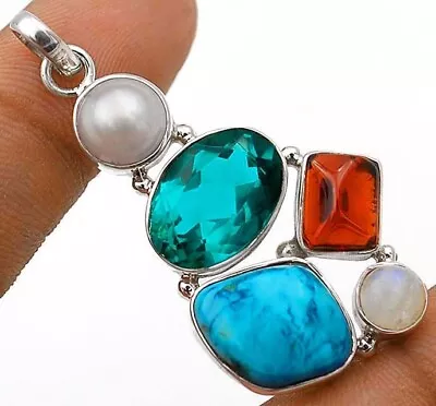 Natural Apatite & MultiGemstone 925 Solid Genuine Sterling Silver Pendant K4-6 • $12.99