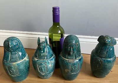 Four Egyptian Style Canopic Jars Blue Clay 20th Century • £575