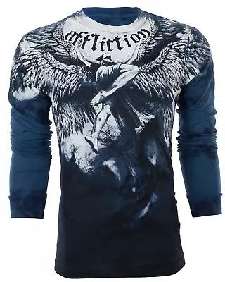 AFFLICTION Men's T-Shirt Long Sleeve UPWARD Wings Tattoo Biker Blue • $37.95