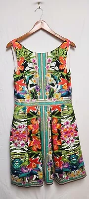 Maggie London Women Sz 12 Tropical Floral Print Dress Pleated Sleeveless Pockets • $29