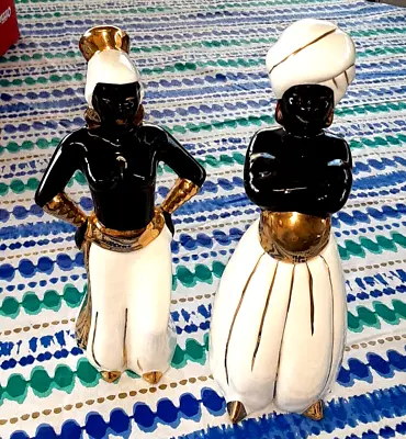 Pair 50s 60s MCM Blackamoor NUBIAN Harem Dancers GENIE Ceramic Figurines GOLD • $75