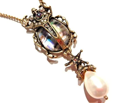 ABALONE SHELL SCARAB BEETLE NECKLACE Egyptian Insect Gold Crystal Pearl W3  • $24.99