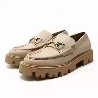 Zara Beige Chunky Lug Sole Leather Loafers Womens Size 41 / US 10 • $33